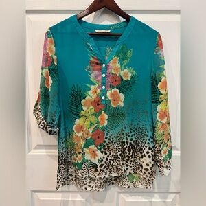 Soft Surroundings Tropical Print Top Blouse Women’s Size S Leopard Chiffon